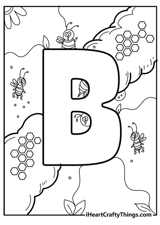 Free printable page featuring honeycomb,plants and bees buzzing around the letter B