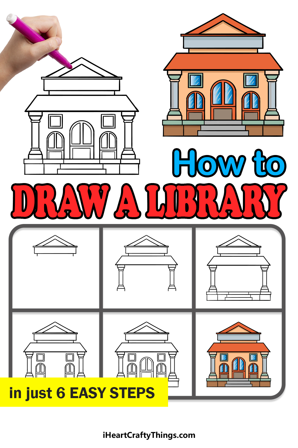 how to draw a Library in 6 easy steps