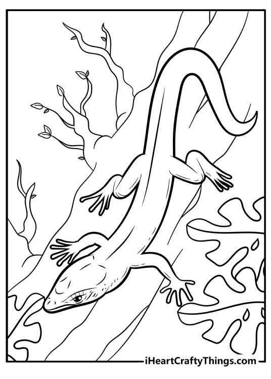 Black-and-white printable picture featuring long lizard with curved tail rushing down the tree