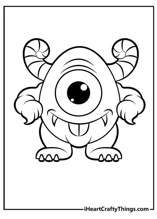 Monster coloring page presenting a small fantastic creature with two horns one big eye and two fangs