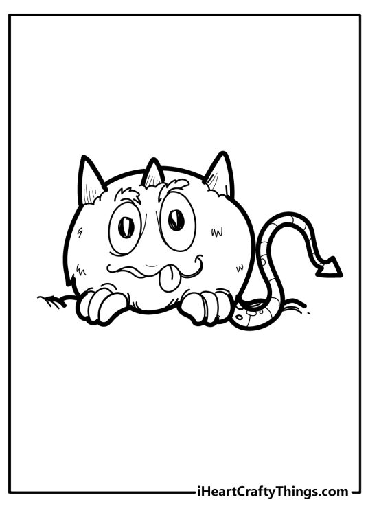 Picture to print and color featuring playful round monster with three horns and long spiky tail