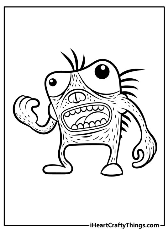 Coloring drawing of a small and skinny monster with two big eyes and spikes on his back