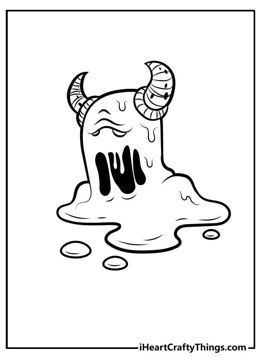 Coloring page featuring sad monster with two big scary horns and body made out of slime