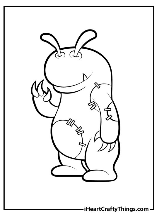 Coloring page of a friendly monster with stitches all over the body smiling and waving at us