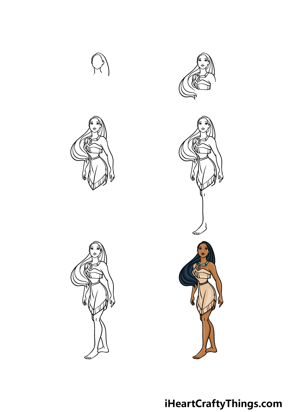 how to draw Pocahontas in 6 steps