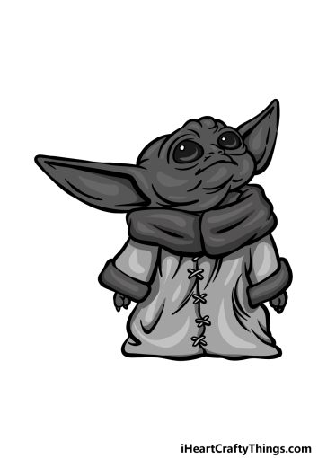 how to draw Baby Yoda in black and white image