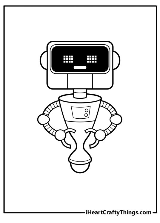 Free printable coloring sheet presenting spinning robot with rectangle-shaped head