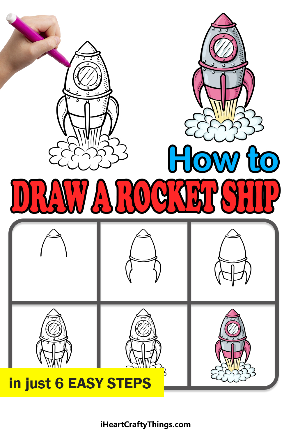 how to draw a Rocket Ship in 6 easy steps