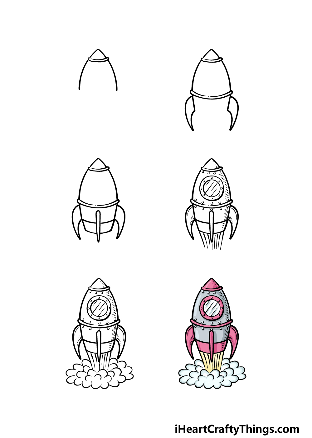 how to draw a Rocket Ship in 6 steps