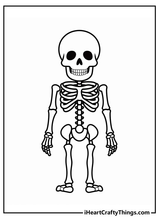 Black-and-white printable poster for kids featuring full skeleton from head to toe