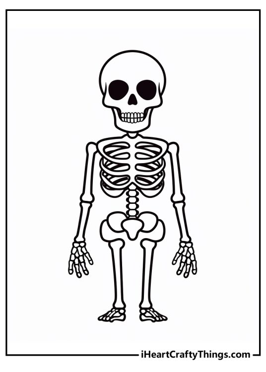Detailed printable coloring sheet depicting skeleton with long arms and clear background behind him