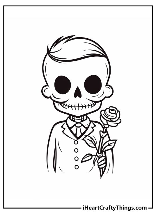Coloring image featuring elegant skeleton dressed up in a dapper suit and holding a rose