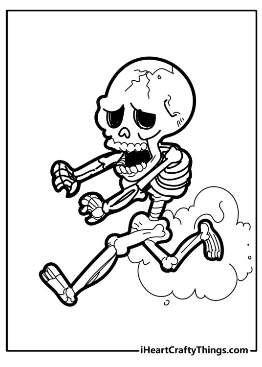 Coloring printable featuring skeleton running at full speed with dust cloud behind him