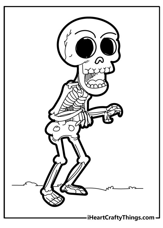 Printable coloring picture presenting creepy detailed skeleton being scary with widely opened mouth