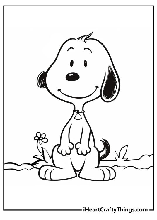 Coloring page featuring dog Snoopy sitting outdoors with happy smile on his face