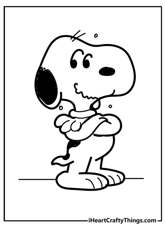 Picture for kids of a black-and-white dog Snoopy posing with arms crossed on its chest