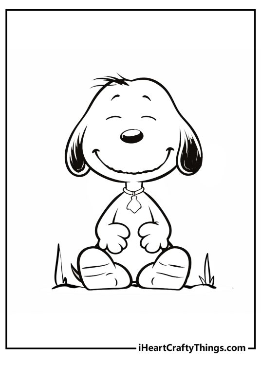 Snoopy coloring page featuring him sitting among the grass with enormous grin and closed eyes