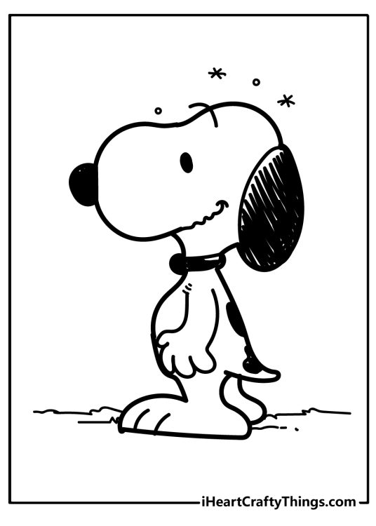 Coloring printable for children featuring dog Snoopy standing on two feet looking left