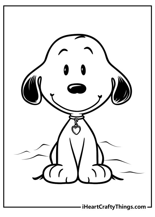 Coloring image presenting dog Snoopy sitting nicely with all four paws on the ground
