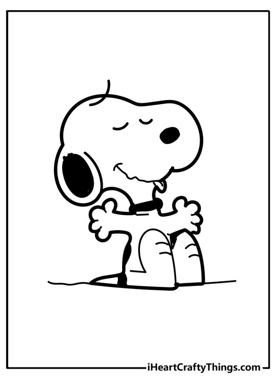Coloring sheet for kids featuring Snoopy sitting and waiting for a big hug with arms widely spread