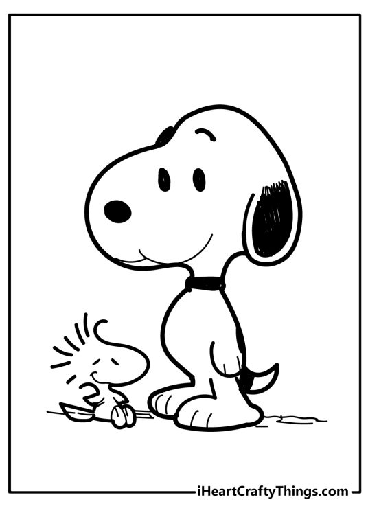 Printable coloring image featuring Snoopy and its friend Woodstock talking to each other