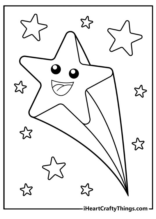 Printable coloring page featuring a cute falling star surrounded by more smaller stars
