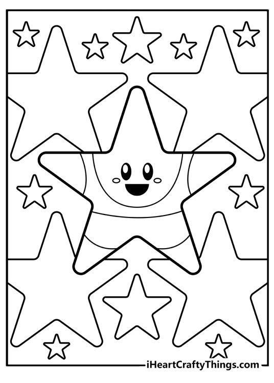 Star-inspired coloring page capturing a large happy star surrounded by other stars of different sizes