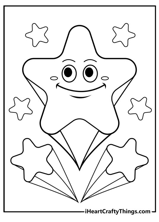Coloring sheet featuring a big smiling star in the center of the page and many others in the background