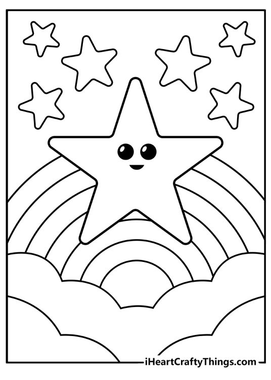 Printable pdf featuring a big smiling star with rainbow clouds and smaller stars in the background