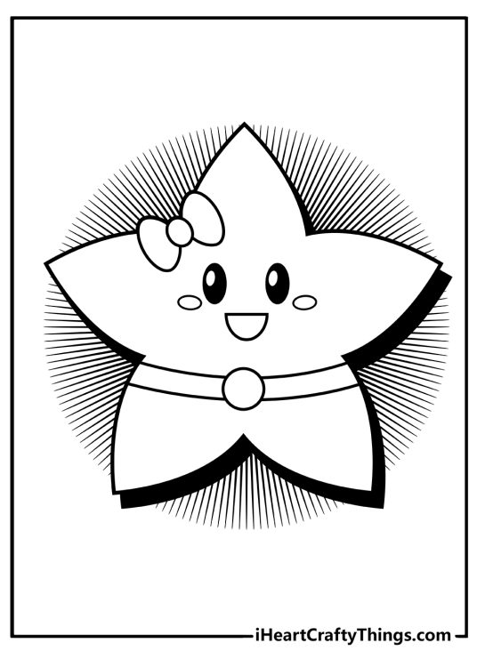 Black-and-white printable image featuring cute cartoony star with a ribbon bow and a belt