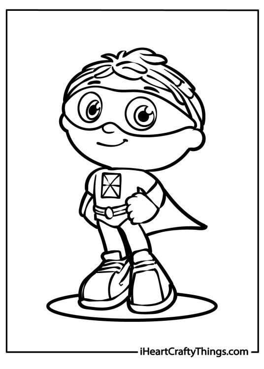 Super Why coloring page featuring main character Whyatt Beanstalk posing proudly on a spotlight