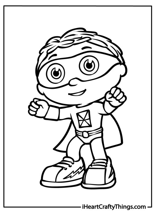 Super Why coloring image for kids of an excited Whyatt posing with arms spread widely
