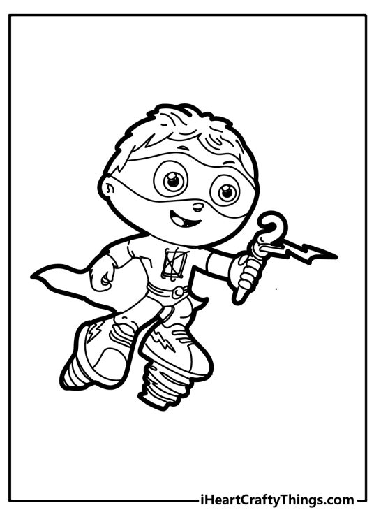 Super Why-themed coloring poster featuring Whyatt on the move wearing his turbo shoes