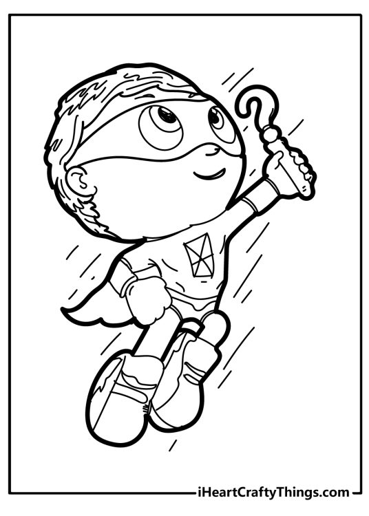 Coloring poster of a Whyatt soaring throught the air with his why-writer embellished with a question mark