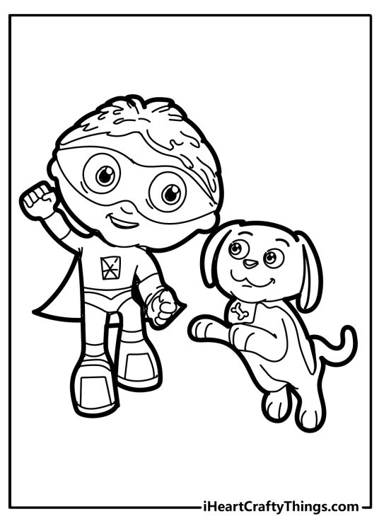 Super Why-themed coloring picture for children featuring Whyatt and his golden retriever Puppy