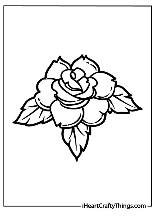 Free tattoos-themed coloring printable depicting well-known rose tattoo design