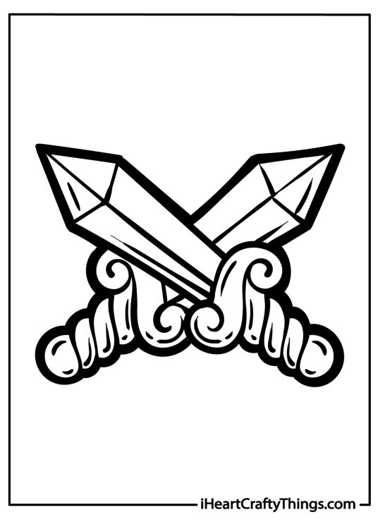 Free tattoos-themed coloring picture featuring two bold outlines swords crossing