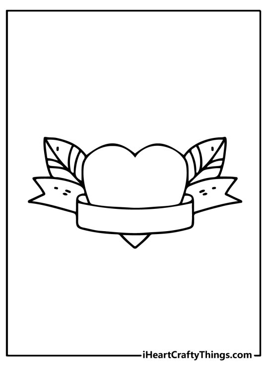 Tattoos-themed picture to color featuring heart tattoo with leaves and a twirling ribbon