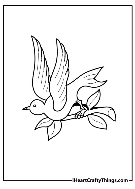 Tattoos-themed picture to print and color presenting design with a bird carrying a branch