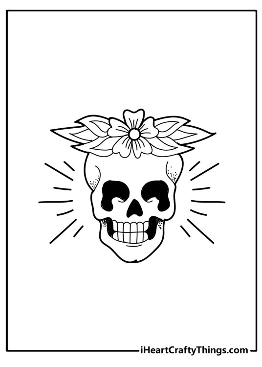 Tattoos-themed printable for adults depicting a striking design with a skull and flowers
