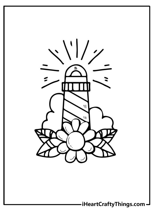 Tattoos-themed card featuring lighthouse framed by a cloud and a big flower with leaves