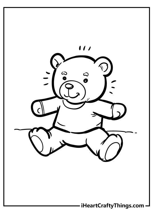 Detailed coloring sheet for kids presenting Teddy Bear in a t-shirt with a witty smile
