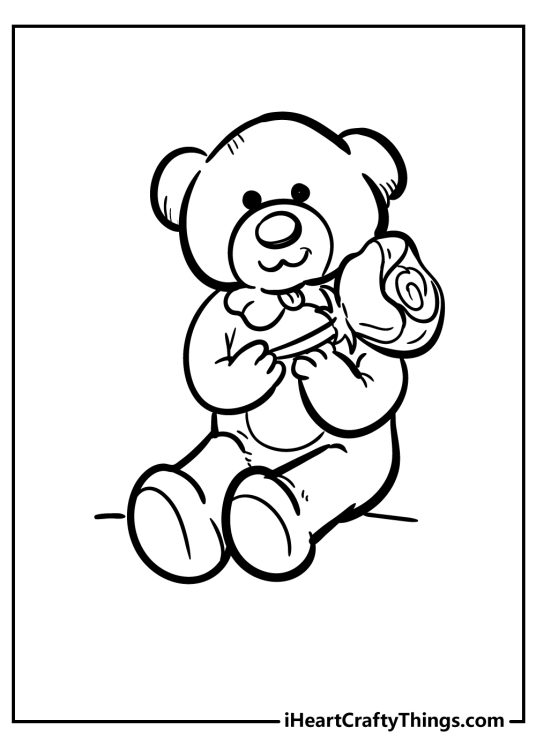 Coloring sheet for kids featuring Teddy Bear with a bow tie holding a rose in his hands