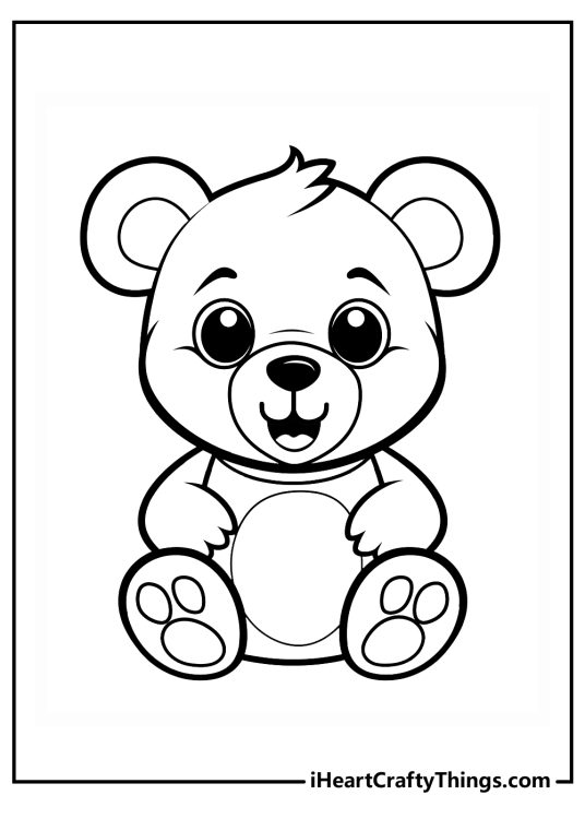 Printable coloring image presenting happy Teddy Bear with wide eyes and perked-up ears