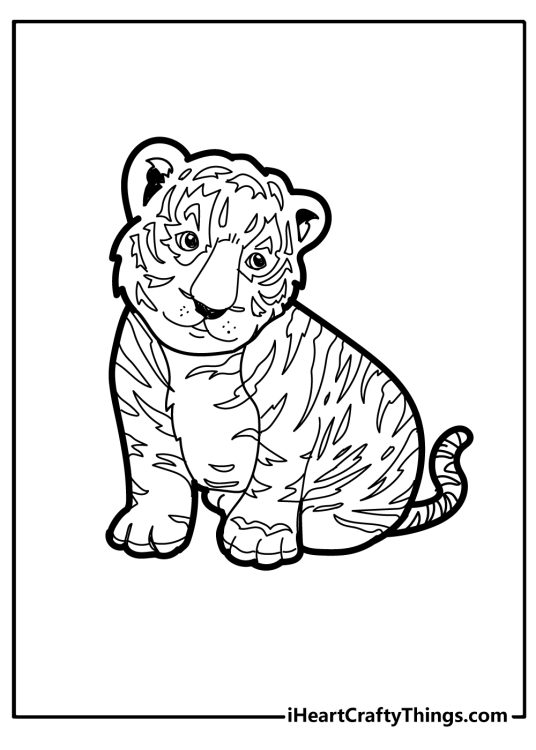 Printable coloring sheet for children featuring cute baby tiger in a sitting position