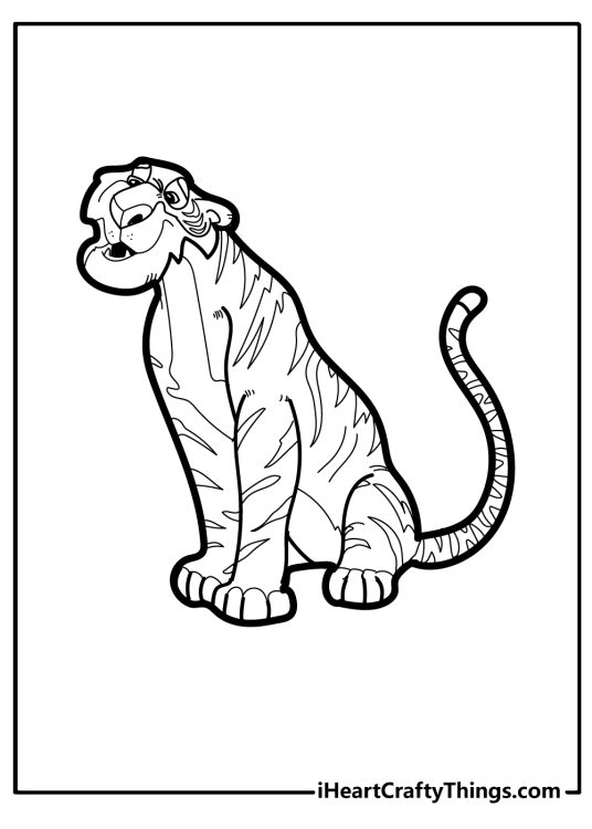 Tiger-themed coloring sheet presenting famous Disney tiger Shere Khan sitting calmly facing left side