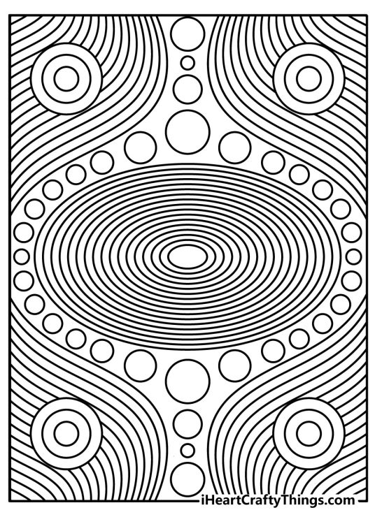 Detailed trippy coloring sheet featuring wavy and spiral motifs in black and white