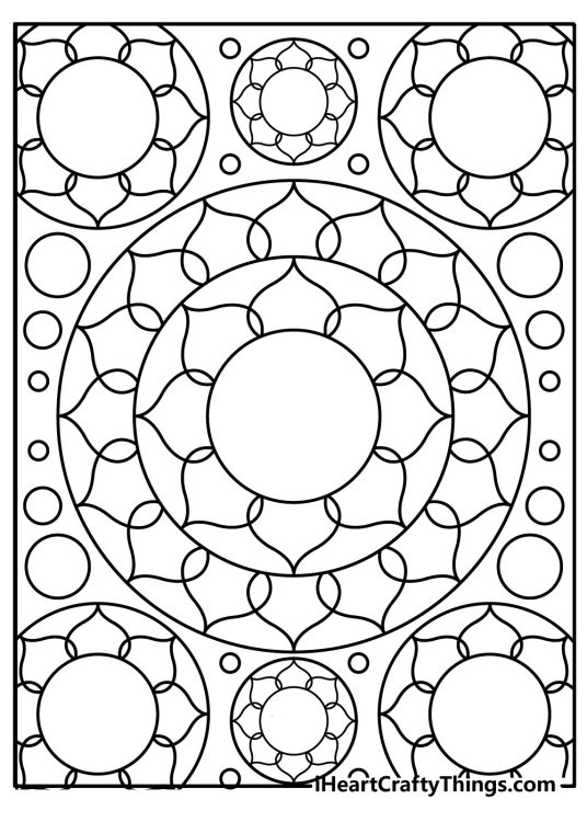 Trippy coloring picture for adults depicting seven various size mandalas each having a circle in the centre