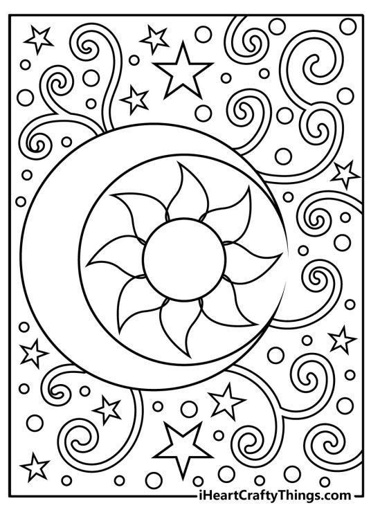 Trippy coloring sheet featuring such lunar elements like sun moon and stars with various swirls in between them