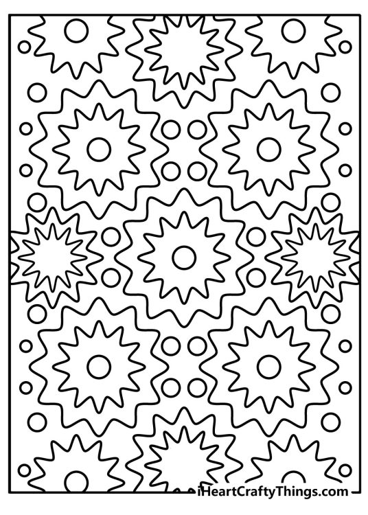 Trippy coloring picture for adults featuring various size starry shapes all over the page